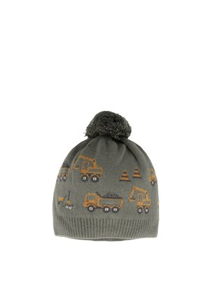 Dunkelgrüne gestrickte Wintermütze mit Bommel, die gelbe Baumaschinen und Verkehrskegel zeigt.