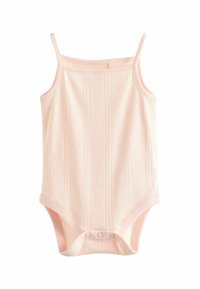 Ljusrosa ärmlös bodysuit med en texturerad mönster med vertikala ränder. Tryckknappstängning i botten för enkel påklädning. Tillverkad av bomull.