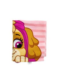 Coperta caratterizzata da un cane dei cartoni animati su uno sfondo a righe rosa. Il materiale è morbido, con colori vivaci e dettagliate caratteristiche facciali.