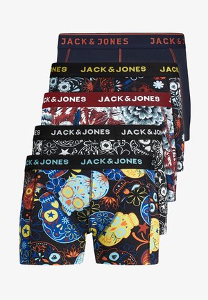 Ensemble de cinq boxers présentant diverses couleurs et motifs, y compris des motifs floraux et de crânes. Chacun a une taille élastique avec le logo de la marque.