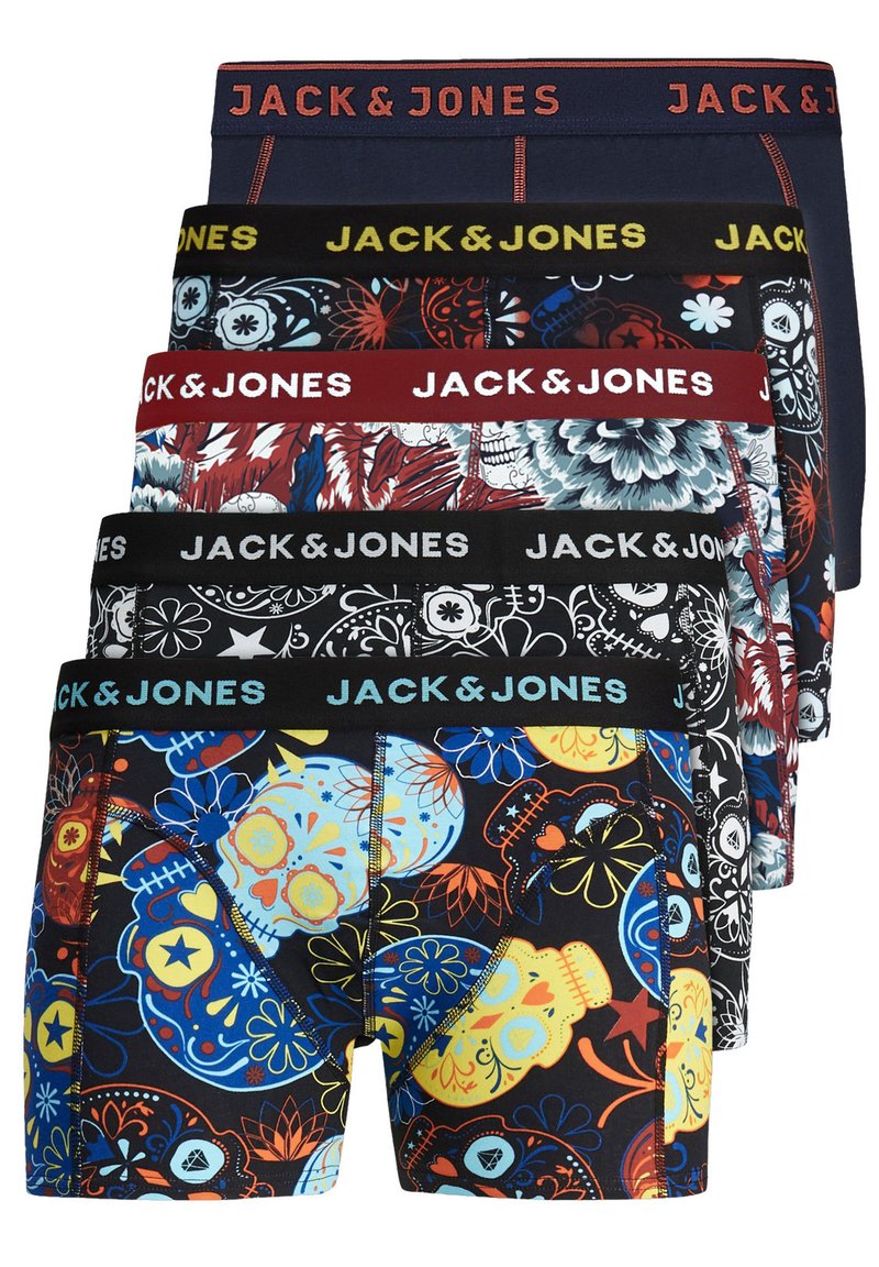 Ensemble de cinq boxers présentant diverses couleurs et motifs, y compris des motifs floraux et de crânes. Chacun a une taille élastique avec le logo de la marque.