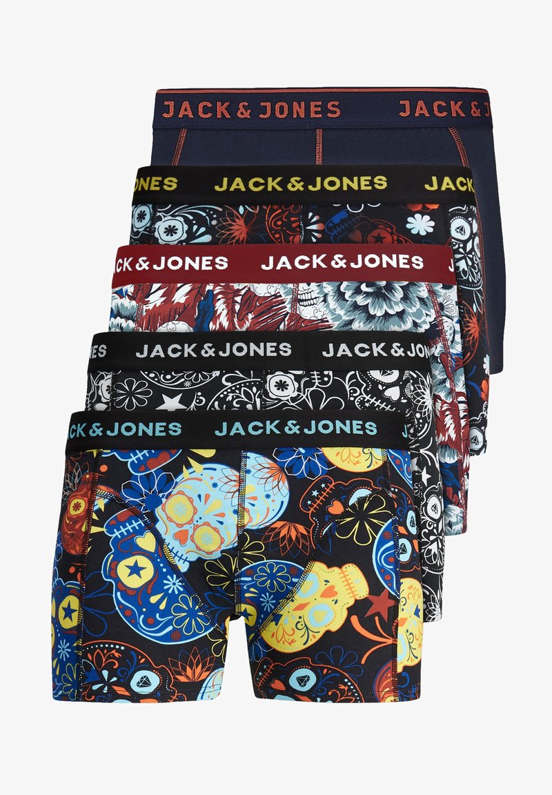 Ensemble de cinq boxers présentant diverses couleurs et motifs, y compris des motifs floraux et de crânes. Chacun a une taille élastique avec le logo de la marque.