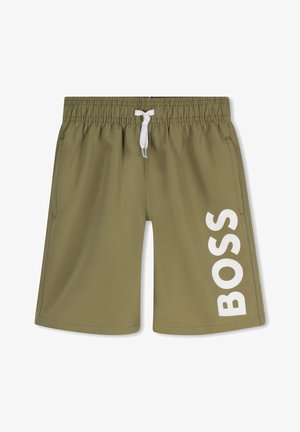 Olijfgroene zwembroek met een elastische tailleband en witte trekkoord. Voorzien van een opvallend wit "BOSS" logo op het linkerbeen.