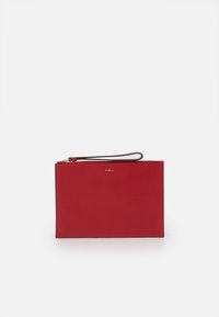 Red textured leather wristlet pouch with gold zipper and small gold "Furla" logo centered on front.