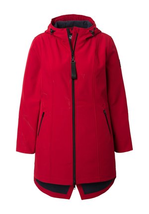 Roter Wintermantel mit Kapuze, schwarzem Reißverschluss, verstellbaren Kordelzügen an der Kapuze und zwei seitlichen Reißverschlusstaschen, längerer Rückenabschluss mit dunklem Futter.