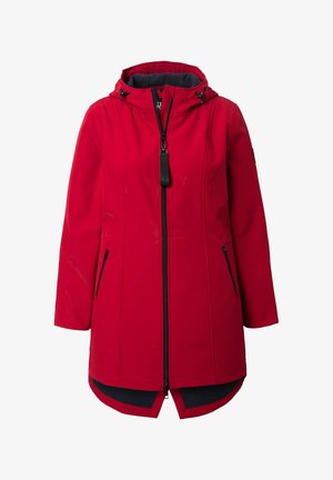 Czerwona zimowa kurtka z kapturem, czarnym zamkiem błyskawicznym, regulowanymi sznureczkami kaptura oraz dwoma zasuwanymi kieszeniami po bokach, dłuższy tył z ciemną podszewką.