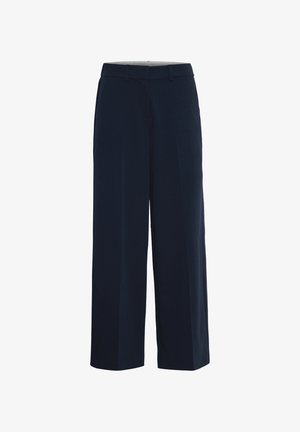 Tamsiai mėlyni plačios kelnės, pagamintos iš lygaus audinio. Savybės: lygus priekinis dalis, diržo kilpos ir raukšlė per kiekvieną koją.