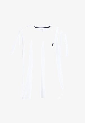 T-shirt bianca in cotone con collo rotondo, maniche corte e un piccolo logo di aragosta blu navy sul lato sinistro del petto. Tessuto liscio, vestibilità casual.