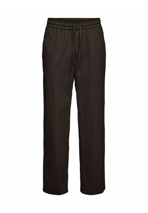 Czarne spodnie o luźnym kroju, z elastycznym pasem i sznurkiem, bocznymi kieszeniami oraz prostymi nogawkami, odpowiednie na co dzień.