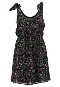 Robe noire à fleurs avec une taille froncée, des bretelles réglables à nouer, et un motif de fleurs et de feuilles colorées sur un fond sombre.