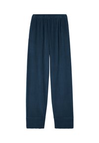 Tamsiai mėlynos spalvos ribuoto audinio laisvalaikio kelnės su elastine juosmens dalimi ir tiesiomis kojomis, sukurtos patogumui ir laisvalaikiui.
