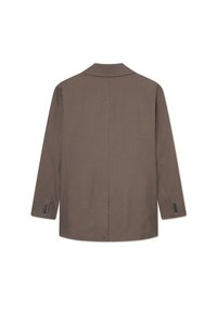 Blazer xadrez castanho com um design limpo nas costas, apresentando mangas longas e punhos com botão. Feito de um tecido texturizado com um padrão de xadrez subtil.