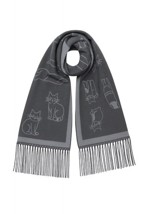 Grau gestrickter Schal mit Illustrationen von Katzen in hellerem Grau, mit fransigen Enden und glatter Struktur. Die Designs zeigen verschiedene Katzenposen.
