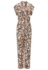 Mono floral de manga corta, con cintura ceñida, fondo crema y patrones de hojas en tonos rosa y naranja. El material parece ligero y suave.