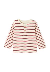 Langärmliges Hemd in Creme mit roten Streifen, mit einem runden Ausschnitt und einer Knopfleiste mit zwei Knöpfen vorne. Aus weichem Baumwollstoff.