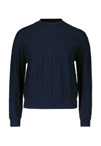 Granatowy sweter dzianinowy z teksturowanym wzorem, który zawiera pionowe wypustki i geometryczne motywy, okrągły dekolt oraz ściągacze u mankietów i u dołu.