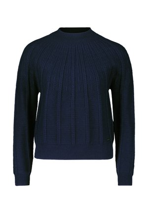 Marineblauw gebreid trui met een gestructureerd patroon dat verticale ribbels en geometrische motieven bevat, ronde halslijn en ribgebreide manchetten en zoom.