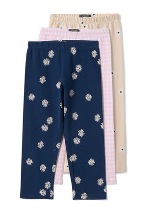 Drei Paar Kinderleggings in Marineblau mit weißen Gänseblümchen, rosa-weiß kariert und beige mit kleinen Gänseblümchenmotiven, gestapelt.
