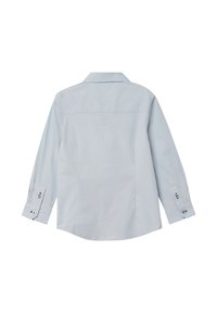 Lichtblauw knoopshirt met lange mouwen en manchet, achterste deel met detail, gemaakt van gladde stof met een klassieke kraag.