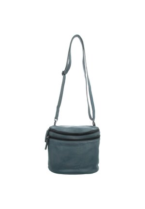 Runde, weiche Ledertasche in gedämpftem Türkis mit Reißverschluss oben und verstellbarem Träger. Zeichnet sich durch eine glatte Oberfläche und minimalistisches Design aus.