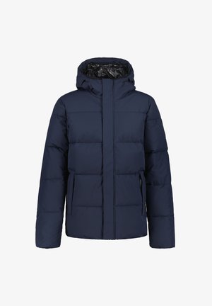 Navy blue padded jacket with hood, front zipper concealed by a flap, and side pockets.