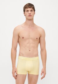 Jonge man met een lichte huid en bruin haar, gekleed in gele Lacoste boxershorts, staand tegen een plain witte achtergrond.