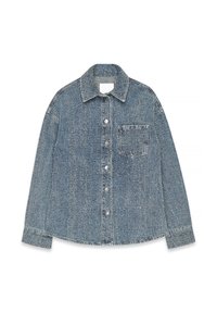 Jeansjacke in Hellblau mit strukturiertem Finish, ausgestattet mit einem Umlegekragen, Knopfverschluss und einer Brusttasche.