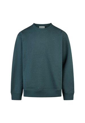 Dunkelblaugrüner Sweatshirt aus strukturiertem Stoff, mit einem Rundhalsausschnitt und gerippten Bündchen, versehen mit einem dezenten Logo, das auf der Brust gestickt ist.