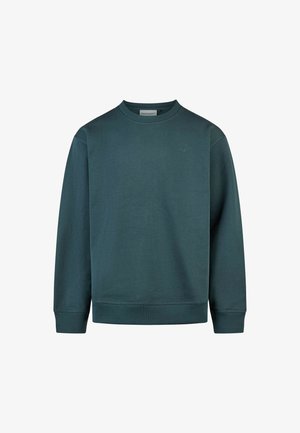 Dunkelblaugrüner Sweatshirt aus strukturiertem Stoff, mit einem Rundhalsausschnitt und gerippten Bündchen, versehen mit einem dezenten Logo, das auf der Brust gestickt ist.