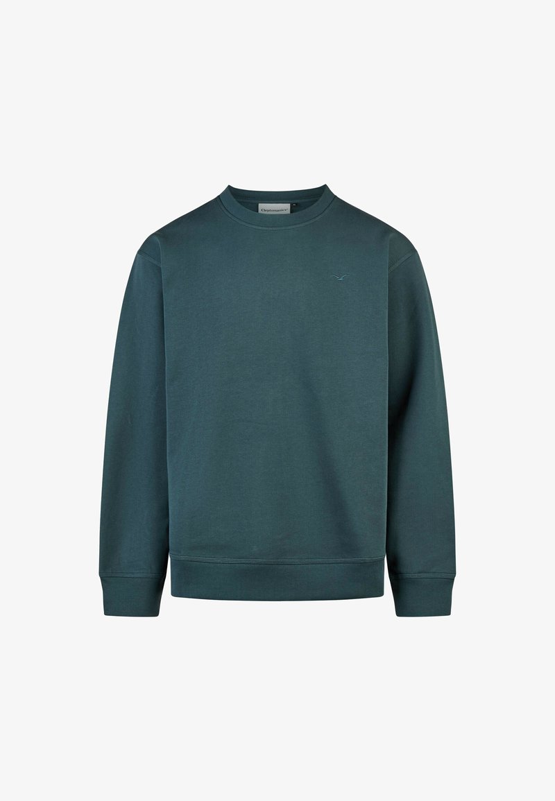 Dunkelblaugrüner Sweatshirt aus strukturiertem Stoff, mit einem Rundhalsausschnitt und gerippten Bündchen, versehen mit einem dezenten Logo, das auf der Brust gestickt ist.