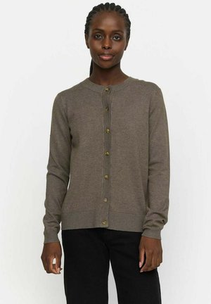 Light brown cardigan in soft fabric, featuring a round neckline, full-length sleeves, and button closure with gold accents.