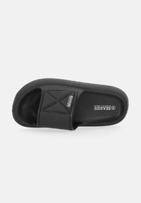 Black slide sandal with textured synthetic upper, open toe design, and cushioned footbed. Features a logo on the insole.