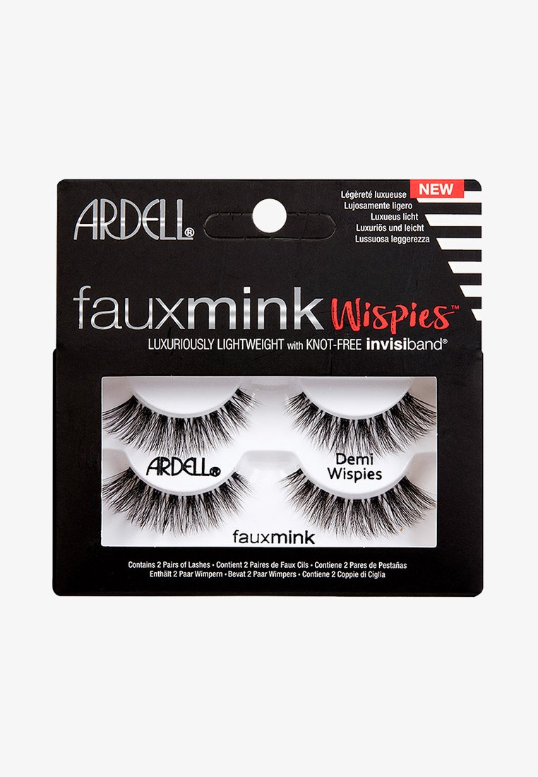 Fake mink wimpers in zwart, met een luchtig ontwerp en variërende lengtes. Inclusief twee paren verpakt in een rechthoekige zwarte kartonnen doos.