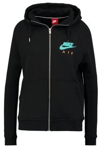 Svart zip-up hoodie i bomullsblandning med en framficka. Har en turkos "Nike"-logotyp och orange "AIR"-text.