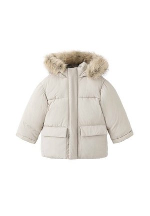Veste matelassée beige avec une capuche en fourrure amovible, des manches longues, deux poches avant et un rembourrage matelassé pour l'isolation.