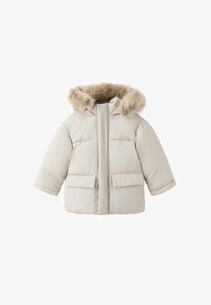 Beige Daunenjacke mit abnehmbarem, mit Fell gefüttertem Kapuzen, langen Ärmeln, zwei Fronttaschen und gesteppten Nähten zur Isolierung.