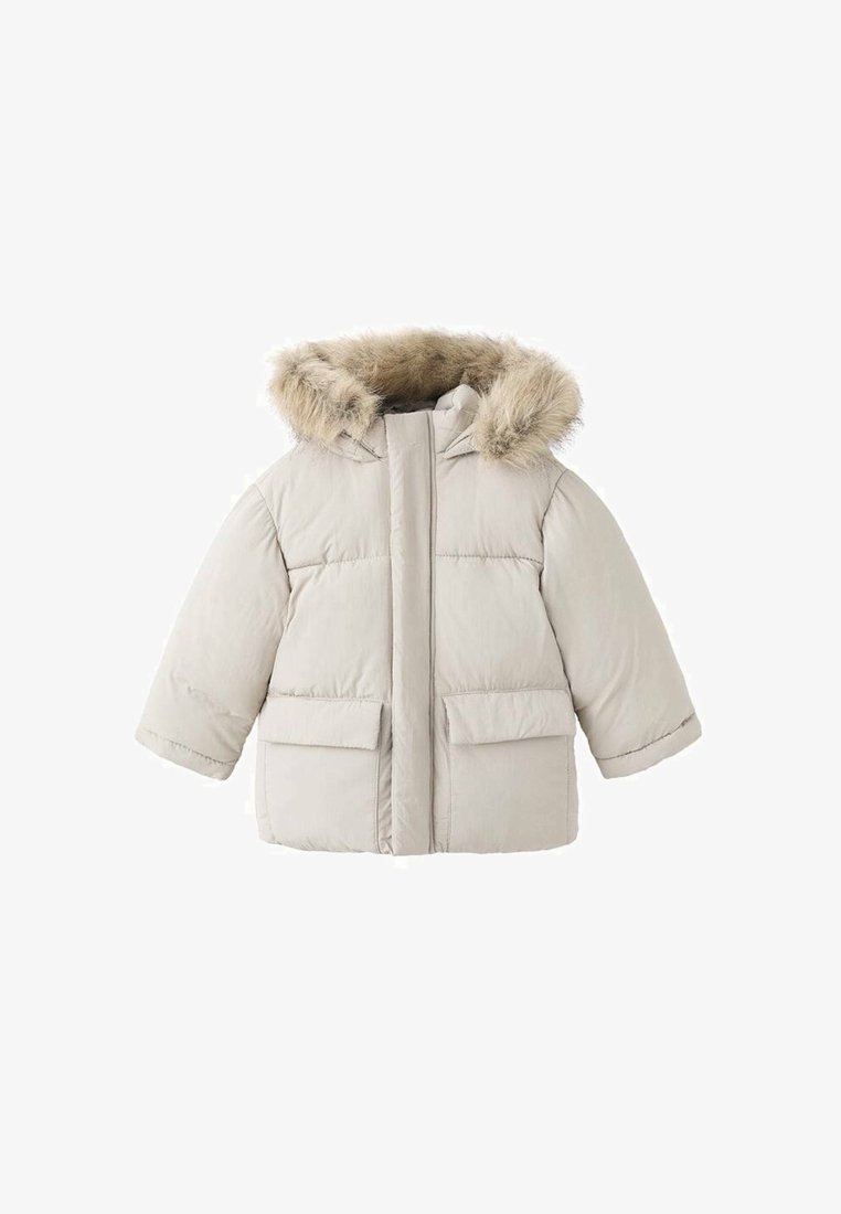 Bežna puhovka z odstranljivim krznenim pokrovom, dolgimi rokavi, dvema sprednjima žepoma in prešito šivanko za izolacijo.