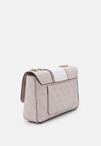 Pink patterned handbag made of fabric with gold chain detail. Features a white accent and a rear pocket. Rectangular shape with structured design.