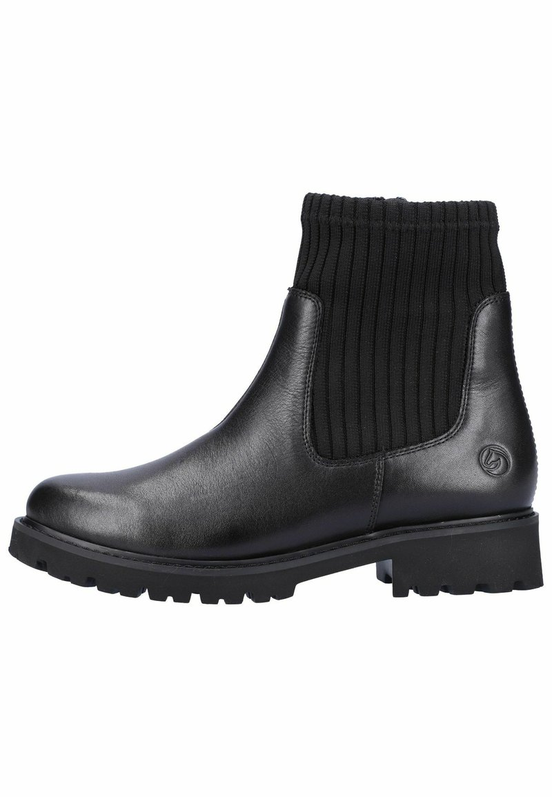 Botte de cheville en cuir noir avec tige en tricot noir à cannelures, bout arrondi, semelle texturée et panneaux élastiques latéraux pour un enfilage facile.