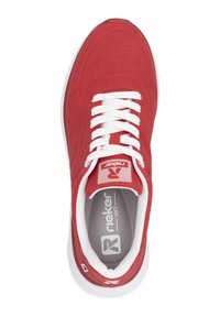 Red sneaker with perforated upper, white laces, and cushioned gray insole. Features logo on tongue and subtle design accents.
