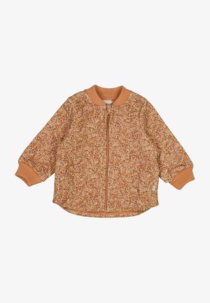 Børnejakke med lynlås og lange ærmer med orange ribbet manchetter og krave, med blomstermønster i orange, brune og cremefarver.