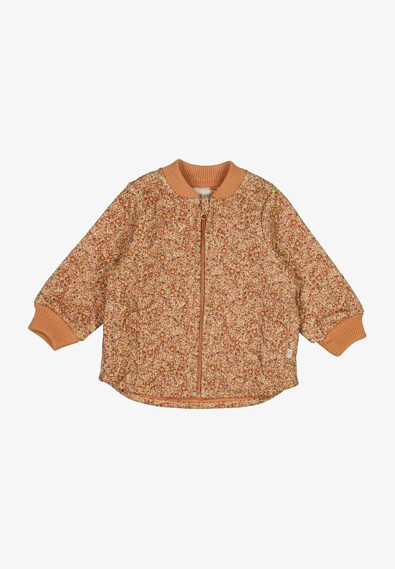 Veste zippée à manches longues pour enfants avec poignets et col en côte orange, présentant un motif floral en orange, marron et crème.