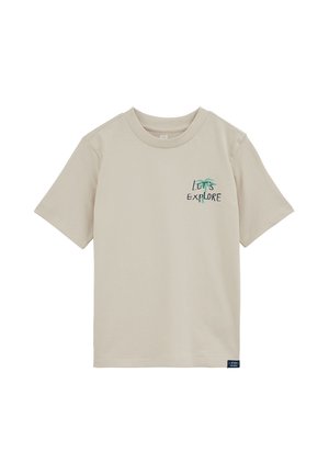 T-shirt beige in cotone con maniche corte e scollo rotondo, con grafica "Let's Explore" e design di una palma sul petto a sinistra.