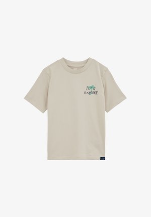 Bež bombažna majica s kratkimi rokavi, okrogel izrez, z grafiko »Raziščimo« in motivom palme na levi strani prsnega koša.