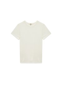 Camiseta de algodón blanca con cuello redondo y mangas cortas, que presenta un diseño sencillo y una textura suave, adecuada para el uso casual.