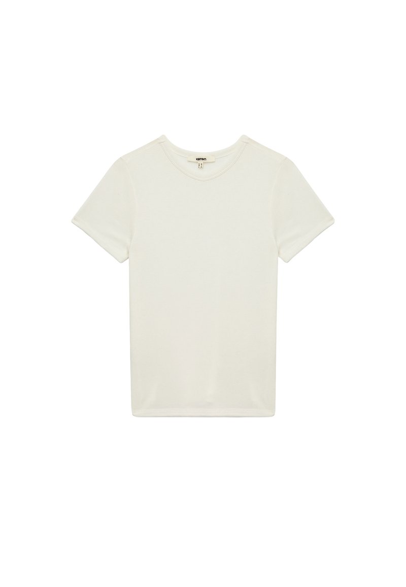 Camiseta de algodón blanca con cuello redondo y mangas cortas, que presenta un diseño sencillo y una textura suave, adecuada para el uso casual.