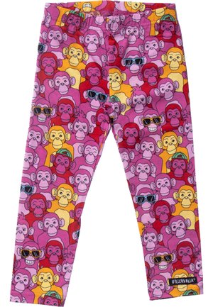Leggings mit bunten Cartoon-Affen-Gesichtern in Pink, Rot und Orange, einige tragen Sonnenbrillen oder Hüte, die sich über den gesamten Stoff wiederholen.