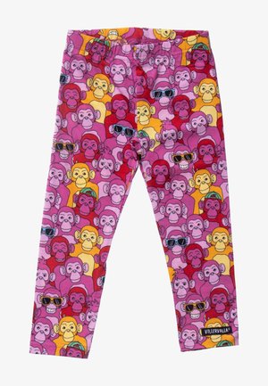 Leggings con caras de monos de dibujos animados coloridos en rosa, rojo y naranja, algunos con gafas de sol o sombreros, repetidos por toda la tela.