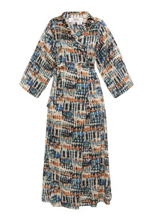 Mønstret omslagkjole i let stof med fremtrædende orange, blå og sorte abstrakte designs. Lange ærmer og taljebind inkluderet.