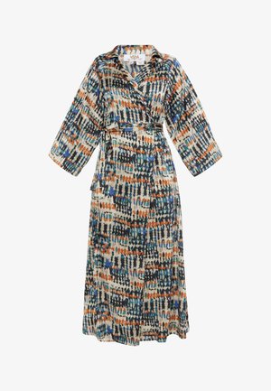 Kergedatud mähkmekleit kergest kangast, featuring julged oranžid, sinised ja mustad abstraktsed kujundused. Pikkade varrukatega ja vöö sidumisega.